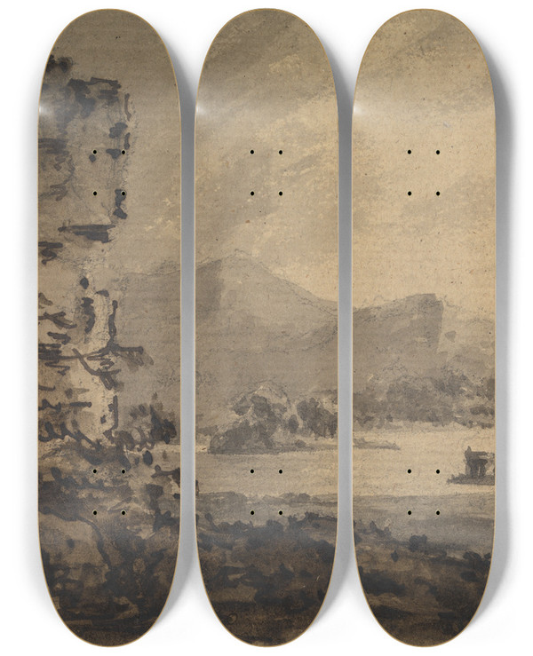 Triptych art skateboard deck of William Gilpin Classical Landscape With Two Figures On Horseback At Right by William Gilpin (1724-1804)