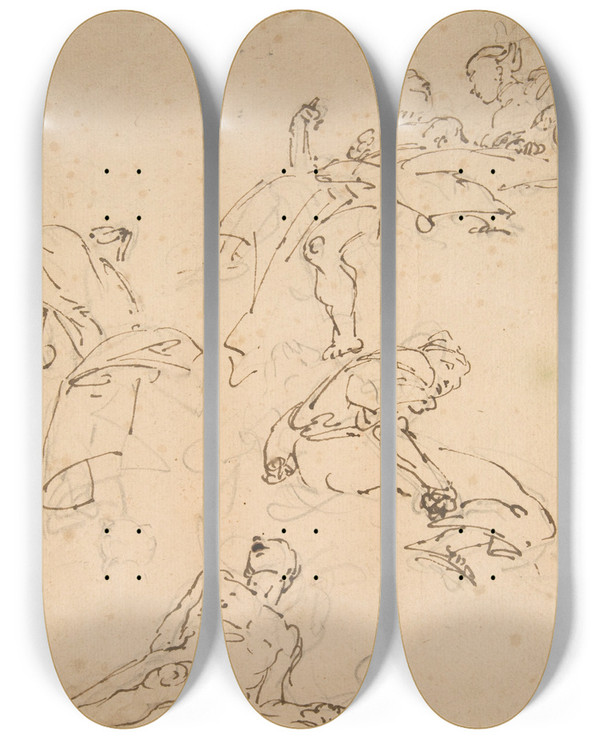 Triptych art skateboard deck of Giovanni Battista Tiepolo Figure Studies by Giovanni Battista Tiepolo (1696-1770)