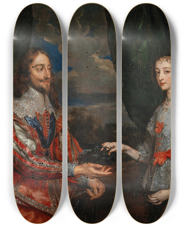 Triptych art skateboard deck of Follower Of Anthony Van Dyck Portrait Of King Charles I And Queen Maria Henrietta by Follower Of Anthony Van Dyck (1599-1641)
