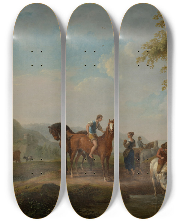 Triptych art skateboard deck of Johann Georg Pforr Pferde An Der Schwemme by Johann Georg Pforr (1745-1798)