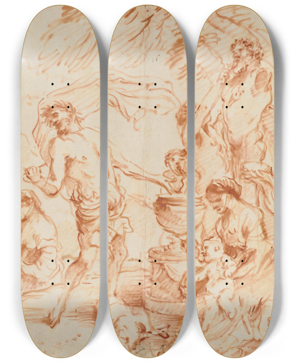Triptych art skateboard deck of Giovanni Benedetto Castiglione Bacchanal Before A Herm by Giovanni Benedetto Castiglione (1609-1664)