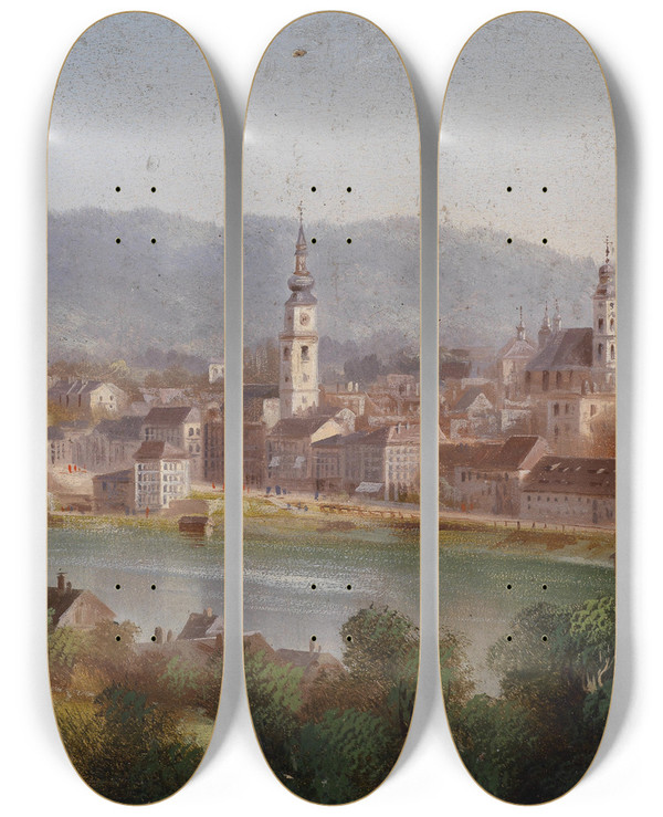 Triptych art skateboard deck of Hubert Sattler Blick Auf Linz by Hubert Sattler (1817-1904)