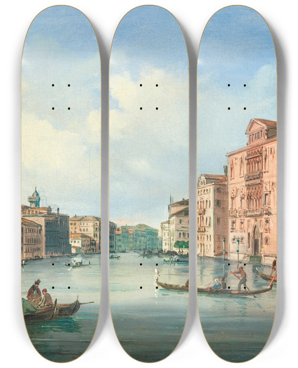 Triptych art skateboard deck of Carlo Grubacs Venice A View Of The Grand Canal With Palazzo Cavallifranchetti And Palazzo Barbaro by Carlo Grubacs (1812-1870)