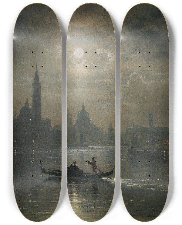 Triptych art skateboard deck of Karl Heilmayer Venice Full Moon Over Santa Maria Salute by Karl Heilmayer (1829-1908)