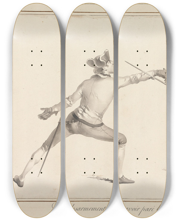 Triptych art skateboard deck of James Gwin Du Desarmement Aprs Avoir Par Le Coup De Quarte by James Gwin (1720-1769)