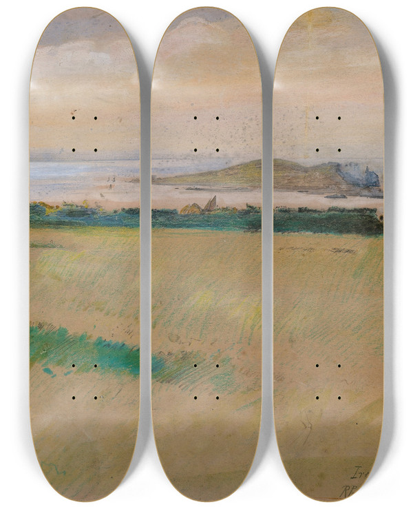 Triptych art skateboard deck of Robert Ponsonby Staples Irelands Eye From Howth by Robert Ponsonby Staples (1853-1943)