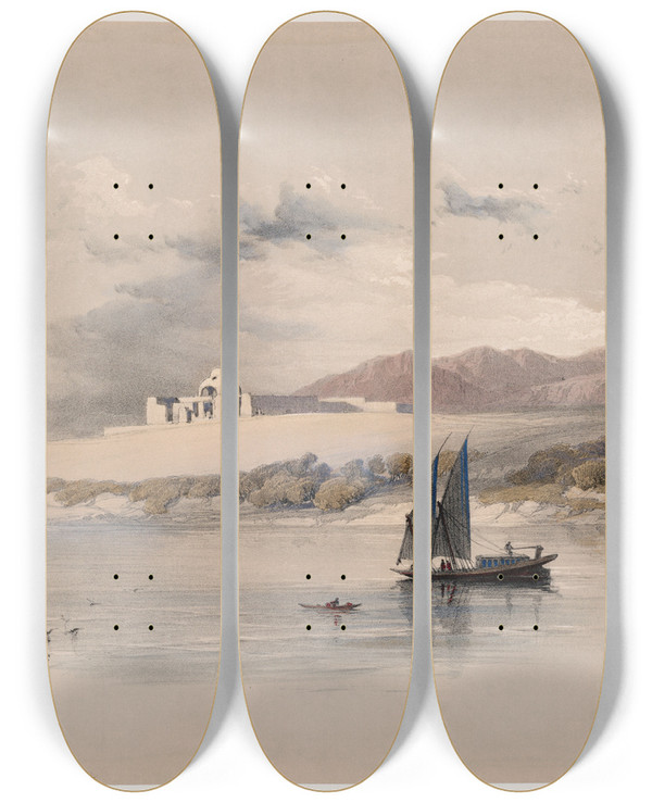 Triptych art skateboard deck of David Roberts Temple Of Amada Of Hassaya In Nubia by David Roberts (1796-1864)