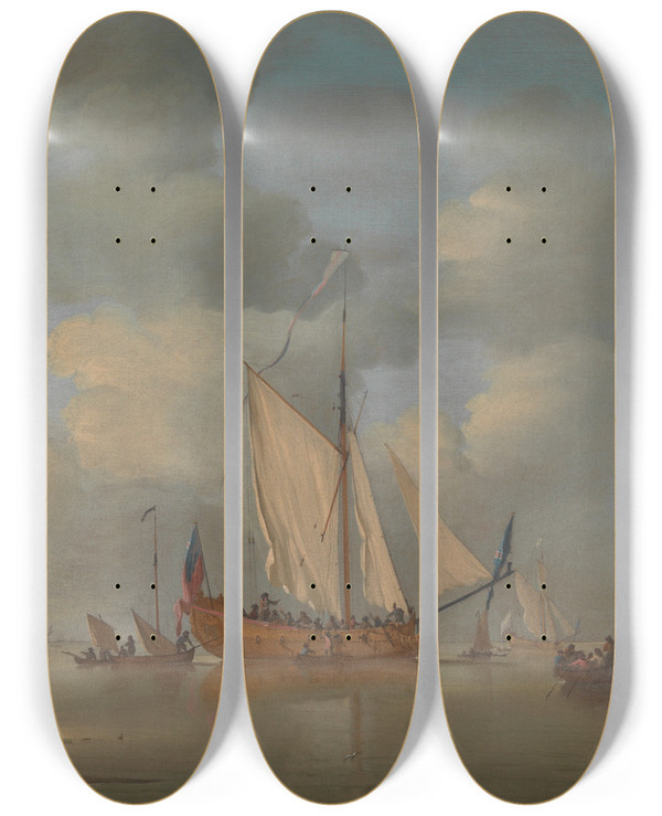 Triptych art skateboard deck of Peter Monamy An English Royal Yacht Standing Offshore In A Calm by Peter Monamy (1681-1749)