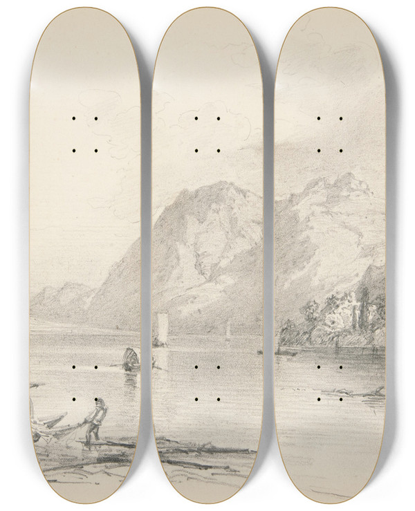 Triptych art skateboard deck of John Singer Sargent Mountainlake by John Singer Sargent (1856-1925)