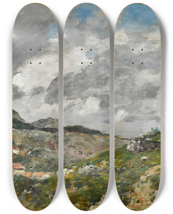 Triptych art skateboard deck of Eugne Boudin Montagnes Environs De Nice by Eugene Boudin (1824-1898)