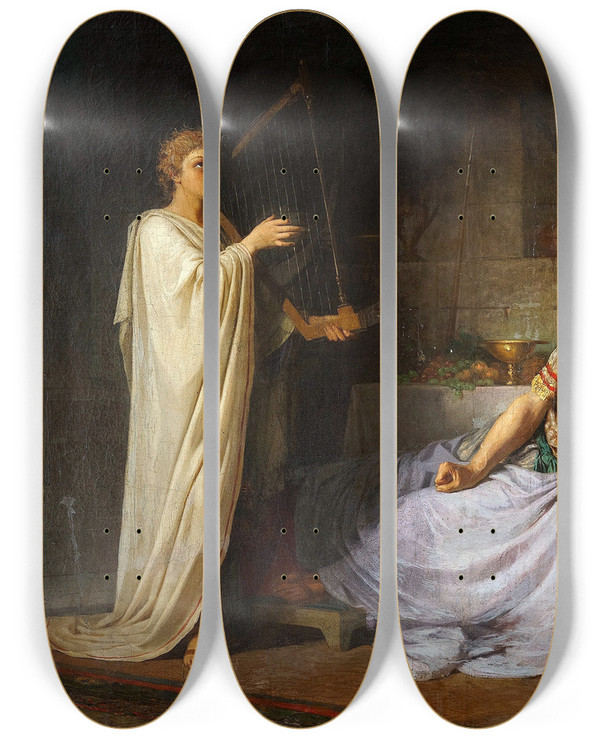 Triptych art skateboard deck of Nikolai Mikhailovich Plyusnin David Playing The Harp To Saul by Nikolai Mikhailovich Plyusnin (1848-1920)