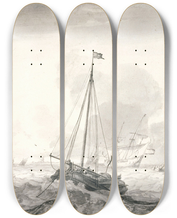 Triptych art skateboard deck of Ludolf Bakhuysen Turbulent Sea by Ludolf Backhuysen (1630-1708)