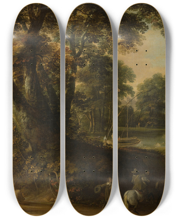 Triptych art skateboard deck of Jacques Darthois Landscape With A Group Of Trees At The Shore Of A Lake Three Riders On The Road In The Foreground by Jacques d'Arthois (1613-1686)