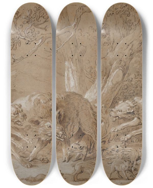 Triptych art skateboard deck of Jeanbaptiste Oudry Wild Sow And Her Young Attacked By Dogs by Jean-Baptiste Oudry (1686-1755)