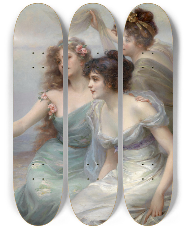 Triptych art skateboard deck of Douard Bisson Die Drei Grazien by Edouard Bisson (1856-1939)