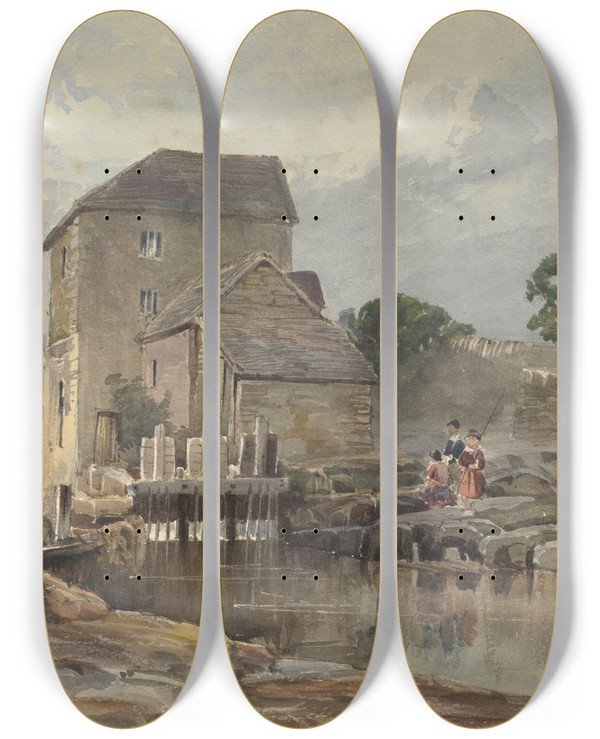 Triptych art skateboard deck of William James Mller The Bridge At Llangollen_1 by William James Muller (1812-1845)