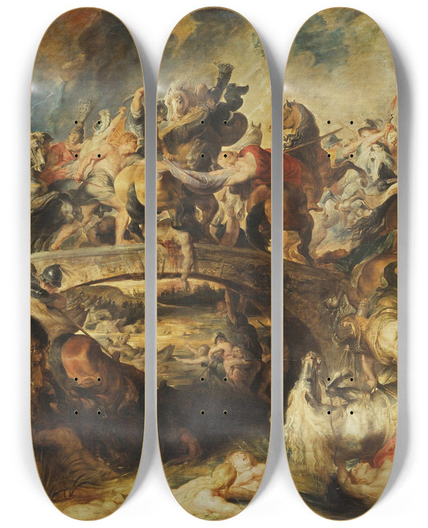 Triptych art skateboard deck of Peter Paul Rubens The Amazon Battle by Peter Paul Rubens (1577-1640)