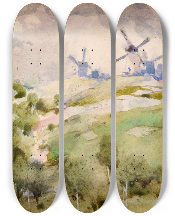 Triptych art skateboard deck of William Henry Holmes Windmills by William Henry Holmes (1846-1933)