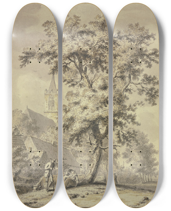Triptych art skateboard deck of Johan Bernhard Brandhoff Unter Einem Baum Sitzt Ein Mann Mit Frau Und Kind Und Einigen Khen by Johan Bernhard Brandhoff