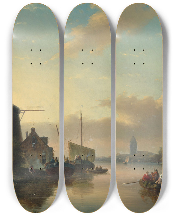 Triptych art skateboard deck of Jan Jacob Coenraad Spohler Summer Landscape by Jan Jacob Coenraad Spohler (1837-1923)