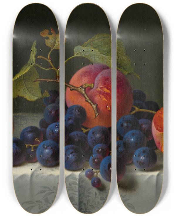 Triptych art skateboard deck of Emilie Preyer Still Life Of Peaches Grapes And Nuts On A Table by Emilie Preyer (1849-1930)