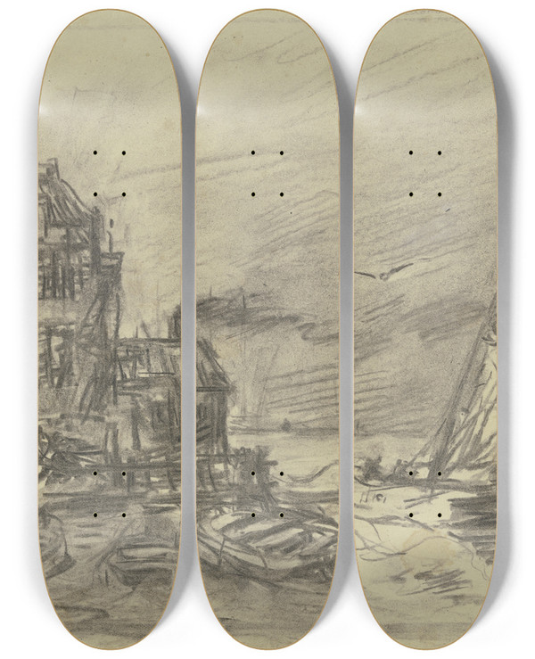 Triptych art skateboard deck of Friedrich Ernst Morgenstern Veere Port by Friedrich Ernst Morgenstern (1853-1919)