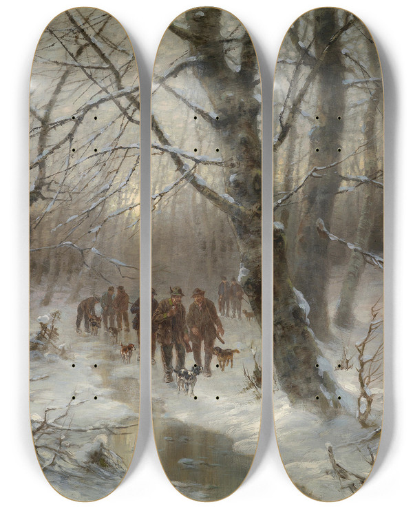 Triptych art skateboard deck of Dsir Thomassin Jger Im Winterwald by Desire Thomassin (1858-1933)