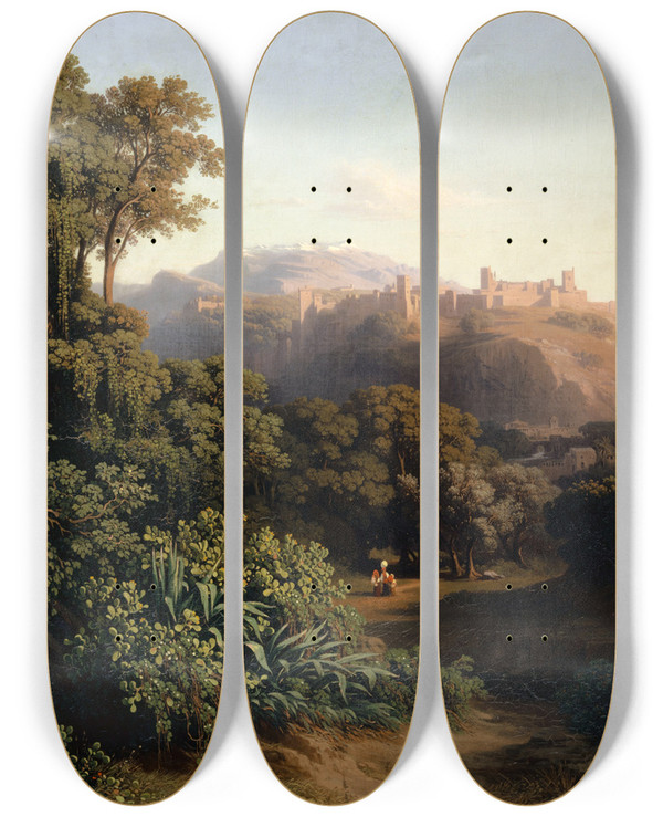 Triptych art skateboard deck of Johann Jakob Frey Landscape Near Granada by Johann Jakob Frey (1813-1865)
