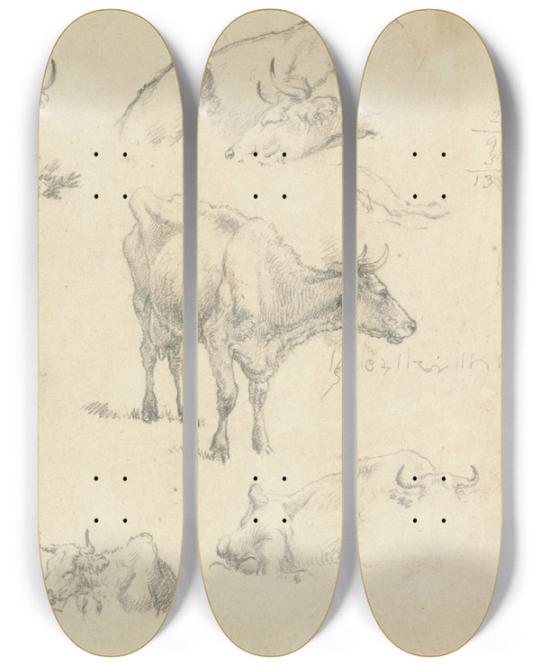 Triptych art skateboard deck of Robert Hills Cows From Various Angles by Robert Hills (1769-1844)