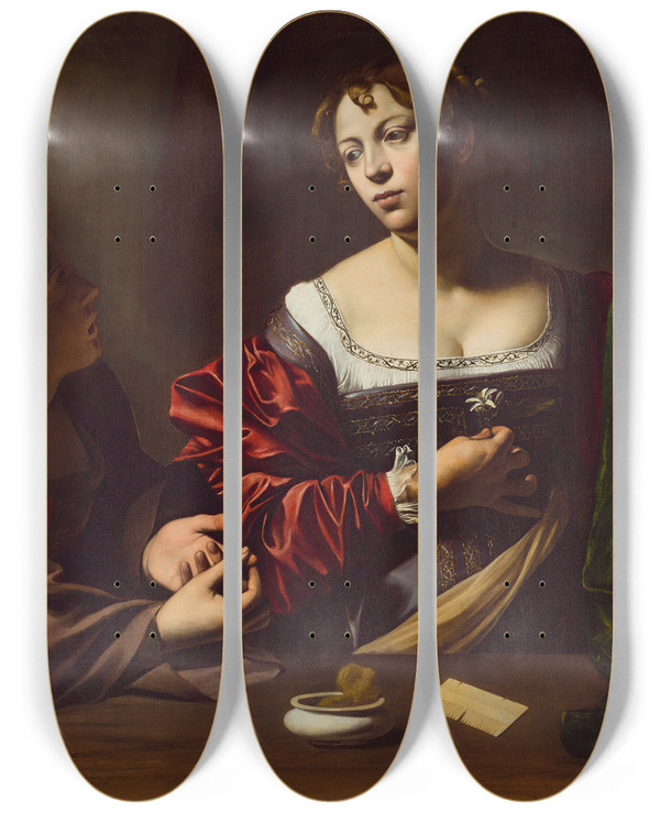 Triptych art skateboard deck of Caravaggio Martha And Mary Magdalene by Caravaggio (1571-1610)