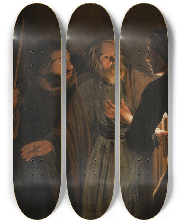 Triptych art skateboard deck of Follower Of Gerard Seghers The Denial Of Saint Peter by Follower Of Gerard Seghers (1591-1651)