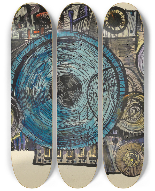 Triptych art skateboard deck of Karl Wiener Die Maschine by Karl Wiener (1901-1949)