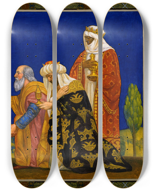 Triptych art skateboard deck of Henry Siddons Mowbray The Magi by Henry Siddons Mowbray (1858-1928)