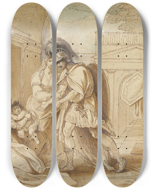 Triptych art skateboard deck of Benjamin West Hector Taking Leave Of Andromache The Fright Of Astyanax_2 by Benjamin West (1738-1820)
