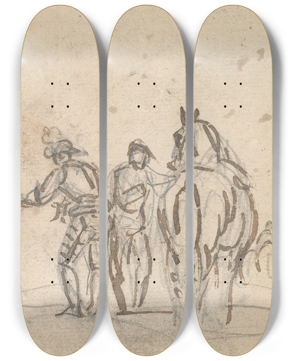 Triptych art skateboard deck of Sawrey Gilpin Three Figures Beside A Horse by Sawrey Gilpin (1733-1807)