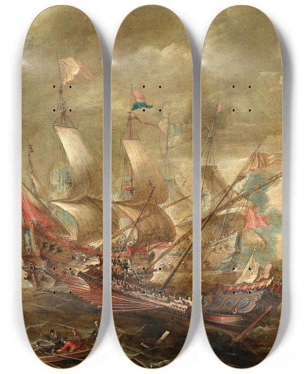 Triptych art skateboard deck of Gaspar Van Eyck A Naval Battle by Gaspar Van Eyck (1613-1673)