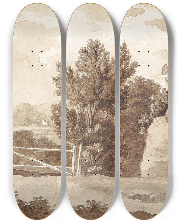 Triptych art skateboard deck of William Brockedon Landscape Scene by William Brockedon (1787-1854)