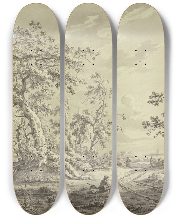 Triptych art skateboard deck of Carel Lodewijk Hansen Fahrweg Am Ausgang Eines Waldes Vorne Ein Ruhender Wanderer Mit Einem Bndel Am Horizont Eine Stadt by Carel Lodewijk Hansen (1765-1840)
