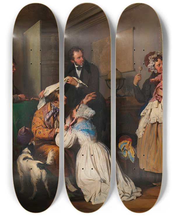 Triptych art skateboard deck of Josef Danhauser Der Augenarzt by Josef Danhauser (1805-1845)