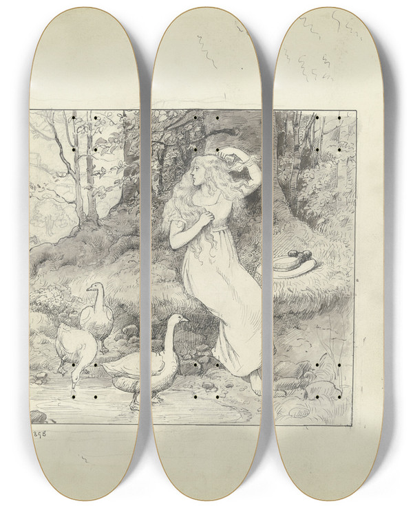 Triptych art skateboard deck of Otto Scholderer The Goose Girl by Otto Scholderer (1834-1902)