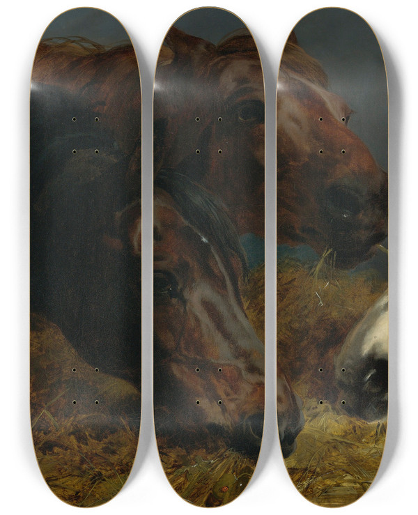 Triptych art skateboard deck of John Frederick Herring Snr Farmyard Friends by John Frederick Herring Snr (1795-1865)