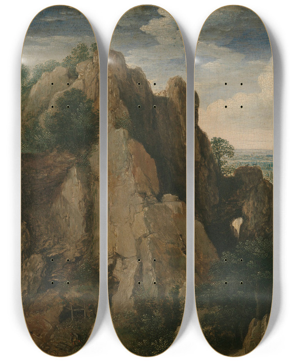 Triptych art skateboard deck of Lucas Van Valckenborch Mountainous Landscape by Lucas Van Valckenborch (1530-1597)
