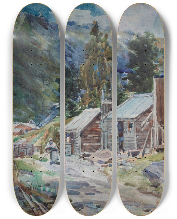 Triptych art skateboard deck of Alfred Walsh Landscape With Huts by Alfred Walsh (1859-1916)