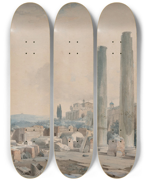 Triptych art skateboard deck of Louisfranois Cassas Les Ruines Du Temple De Jupiter Pouzzoles by Louis-Franois Cassas (1756-1827)