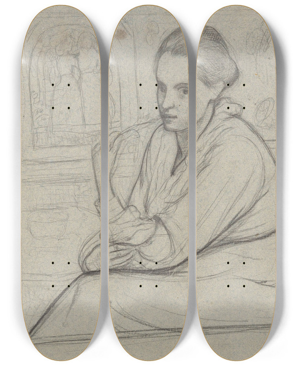 Triptych art skateboard deck of Richard Nicolas Roland Holst Portret Van Henritte Roland Holstvan Der Schalk Zittend Bij Een Voorstelling Met Twee Meisjes by Richard Nicolaus Roland Holst (1868-1938)