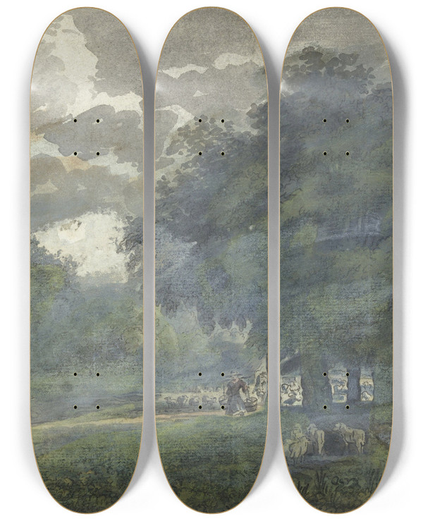 Triptych art skateboard deck of Jacob Van Liender Herders Met Kudde In Bosrijk Landschap_1 by Jacob Van Liender (1696-1759)