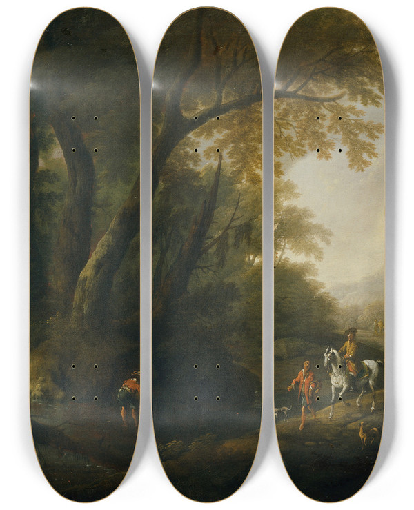 Triptych art skateboard deck of Maximilian Joseph Schinnagl Waldlandschaft Mit Gewsser Links by Maximilian Joseph Schinnagl (1697-1762)