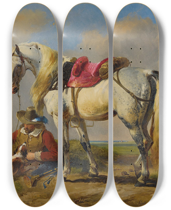 Triptych art skateboard deck of Eugne Joseph Verboeckhoven A Cavalier At Rest by Eugene Joseph Verboeckhoven (1798-1881)