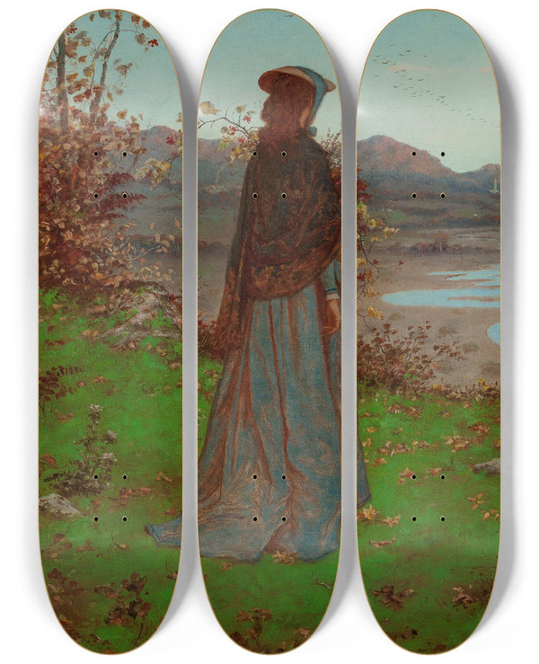 Triptych art skateboard deck of William John Hennessy Woman In An Autumn Landscape by William John Hennessy (1839-1917)