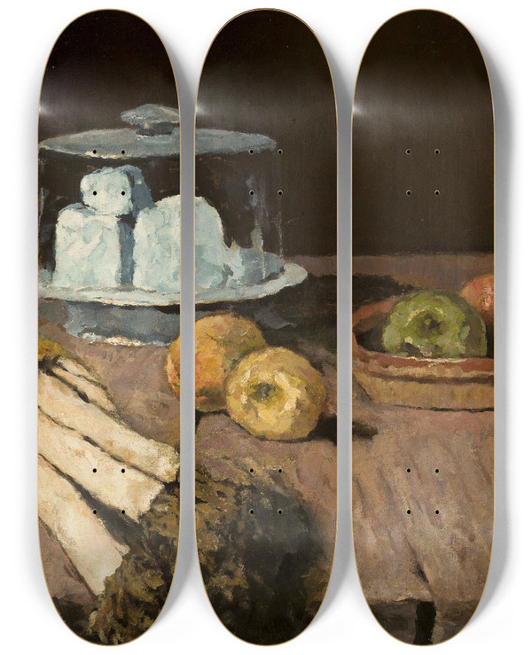 Triptych art skateboard deck of Carl Schuch Still Life With Leeks Apples And Cheese by Carl Schuch (1846-1903)